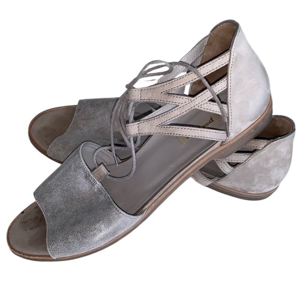 PAUL GREEN flat sandals iridescent tan suede (front) ankle tie. UK 8 US 10